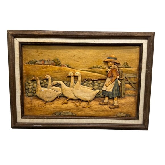 Vintage Framed Relief Carving Of Farmer & Geese In Countryside Scene rectangle - Picture 1 of 9